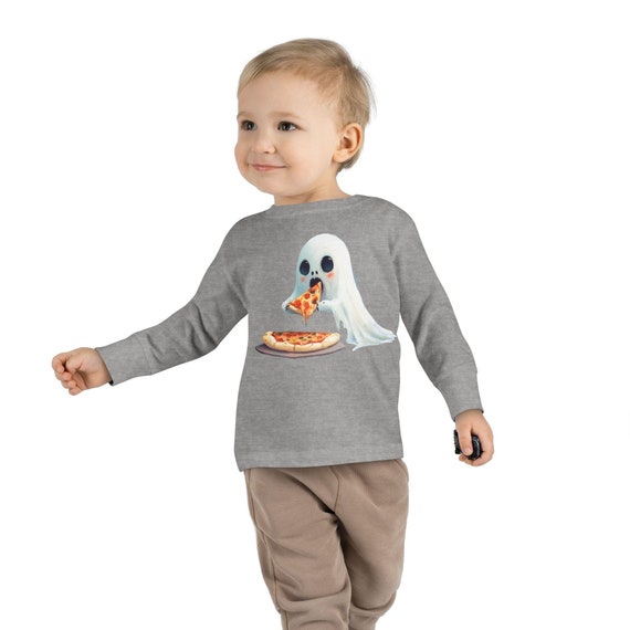Toddler Ghost Eating Pizza  Long Sleeve Tee, Halloween toddler tshirt, funny toddler tshirt