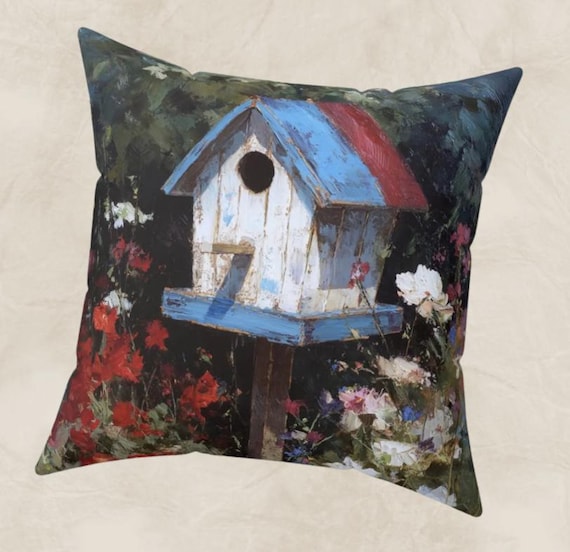 Birdhouse Decorative Pillow, Colorful Birdhouse Decorative Pillow, Garden Decor,Pillow Unique Gift, Garden Inspired Pillow, Outdoor Lovers