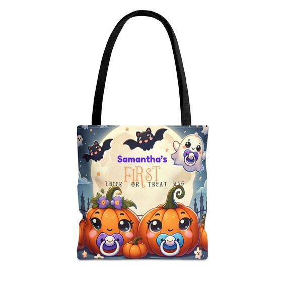 Babies First Halloween Tote Bag, Trick or Treat Bag, Personalized Toddler Name, Pumpkins Ghosts Bats, Funny, Halloween Candy Bag,  Halloween