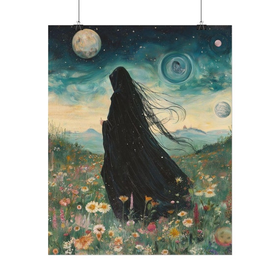 Matte Poster, Witch and Wildflowers, Boho Wall Art, Rustic Home Decor, Nature Print, Halloween Decoration, Celestial