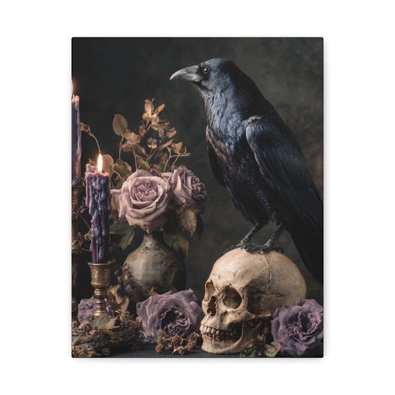 Gothic Raven Canvas Print, Dark Art Home Decor, Skull and Rose Design, Halloween Wall Art, Witchy Aesthetic Decoration