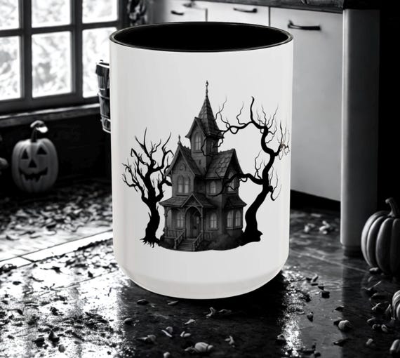 Haunted House Accent Coffee Mug | Spooky Tea Mug | Halloween Decor | Gothic Drinkware | Unique Gift for Ghost Lovers