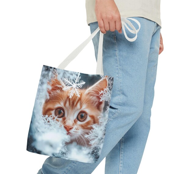 Kitten Snowflake Tote Bag, Cat Lover Gift, Winter Holiday Shopping Bag, Cute Animal Print Carryall, Christmas Present, Reusable Shoulder Bag