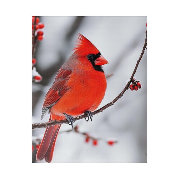 Canvas Print, red cardinal, bird wall art, nature home decor, wildlife painting, gift for bird lover
