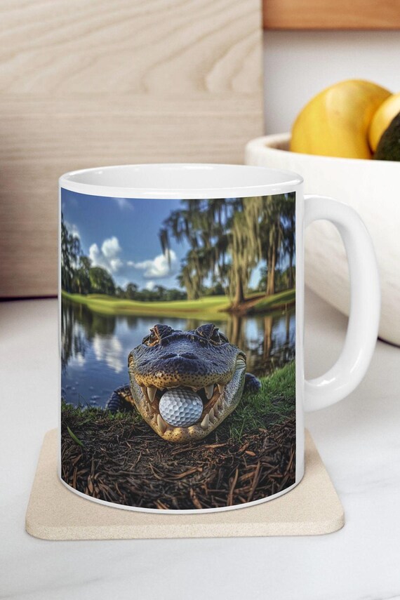 Alligator Golf Ceramic Mug, Funny Animal Coffee Cup, Reptile Lover Gift, Golfing Theme Tea Mug, 11oz and 15oz Options