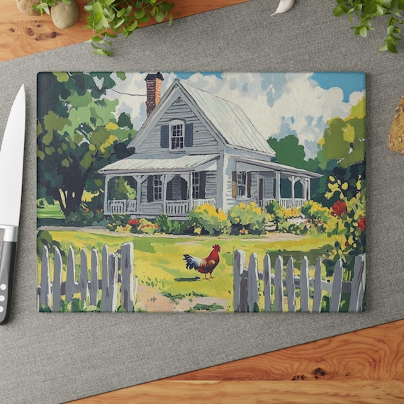 Glass Cutting Board Country Farmhouse Rooster Kitchen Decor, Serving Tray, Housewarming Gift, Farmhouse Chic Decor, Rustic Home Accessories