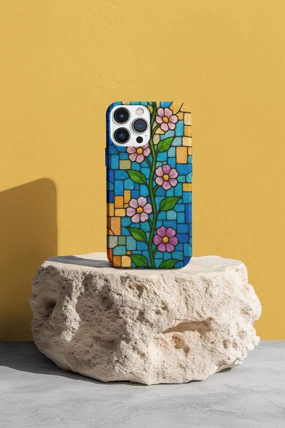 Stained Glass Phone Case, Artistic Floral Design Cover, Unique Gift for Her, Spring Decor, Phone Accessories