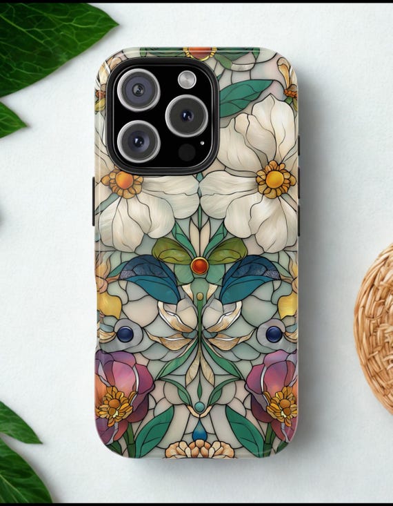 Floral Stained Glass Look Phone Case, Vibrant Flower Design, Tough Phone Cover for Nature Lovers, Unique Gift for Her, Artistic Phone case