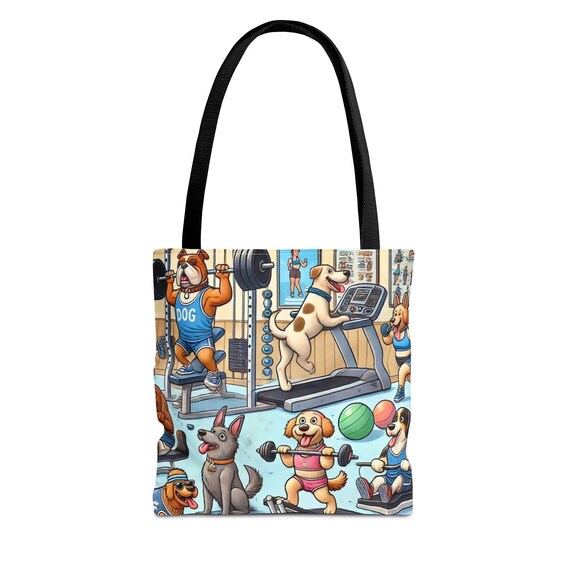 Tote bag featuring dogs working, gym tote, whimsy and exercise, Perfect for dog lovers , humor tote, workouts, yoga enthusiasts, fun tote