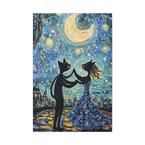 Cats Canvas Print, Dancing Cats under the Moon Light, Matte Artwork, Home Decor, Cat Lover Gift, Animal Art, Whimsical Art of Cats