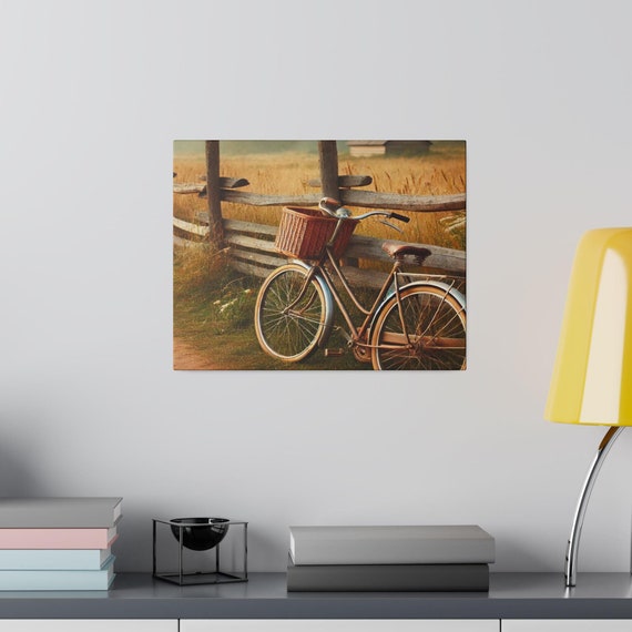 Wall Art, Rustic bike leaning against fence in country, rustic canvas print, home decor, farmhouse decor, rustic wall hanging, country art