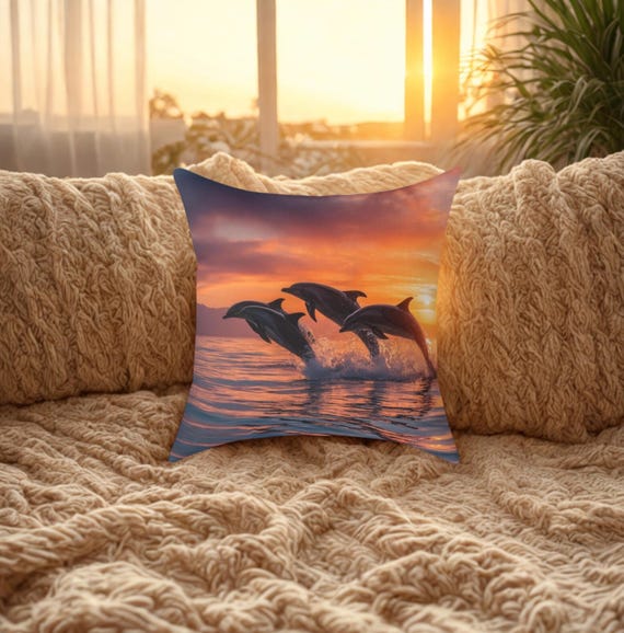 Dolphin Sunset Throw Pillow: Nautical Coastal Home Decor
