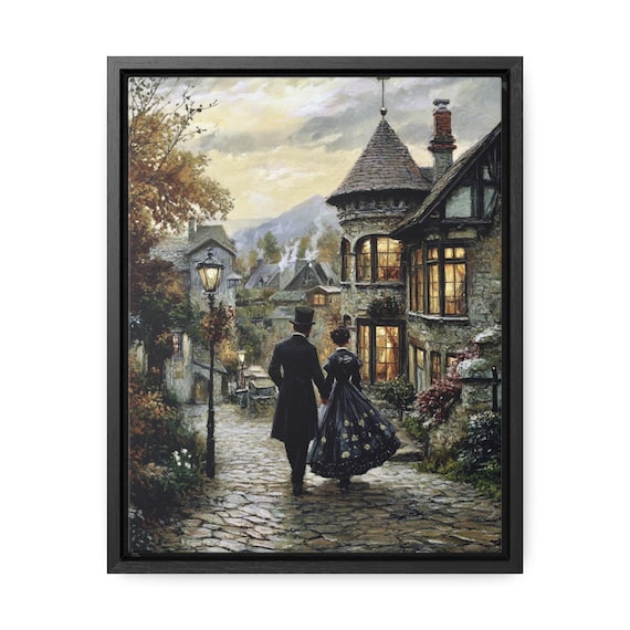 Gothic Village Victorian FRAMED Canvas Print, Victorian Couple Walking, Romance, Gothic Art, Gothic Painting, Vintage Artwork