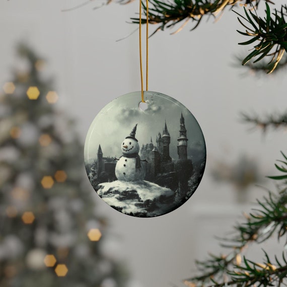 Gothic Snowman and Castle Ornaments, Gothic Snowman and Castle Design, Christmas Tree Decorations, Unique Christmas Gift, Gothic
