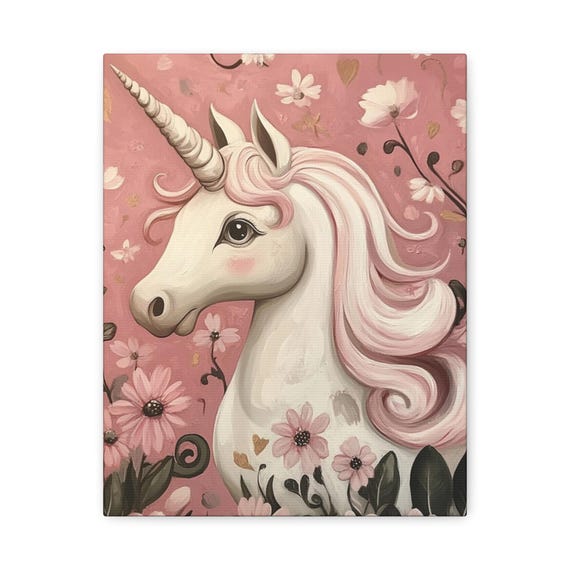 Unicorn Floral Fantasy Wall Art, Canvas Print, Matte Canvas, Home Decor, Nursery Decor, Gift for Her, Fantasy Artwork, Children's Art