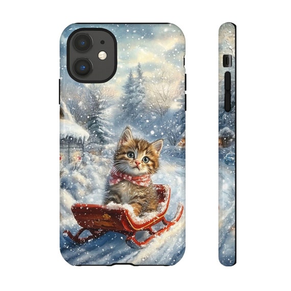 Phone Cases, Cute Kitten on a Sled Design for Animal Lovers, Protective Device Cover, Holiday Gift Idea, Hard Smartphone Case, Slim Tough