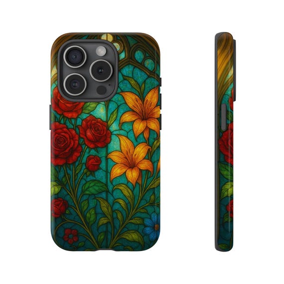 Stained Glass Style Phone Case, Flower Phone Cover, Vintage Floral Case, Unique Gift for Her, Mother's Day,Floral Tough Case for iPhone