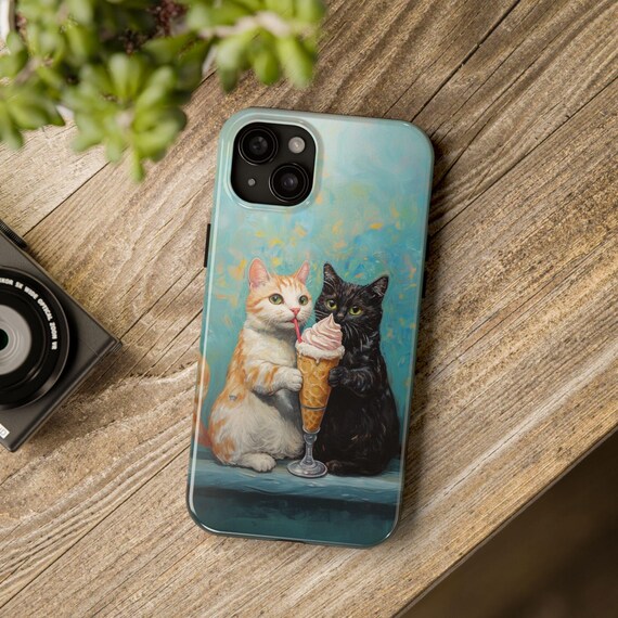 Cute Cat Tough Phone Cases - Funny Feline Kitty Ice Cream Design, Protector Cover, Animal Lover Gift, Kawaii Mobile Case, Cat Mom Present,