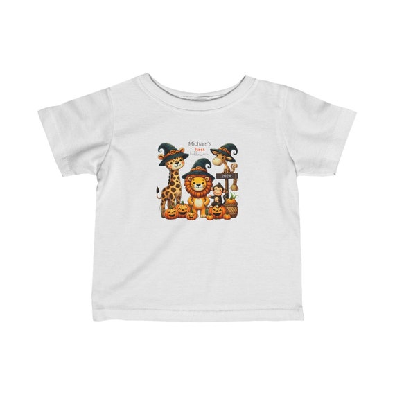Adorable Animals First Halloween Infant Tshirt, Personalized Halloween Tshirt for Infants, Pumpkin and Animal Design, Baby Halloween Outfit