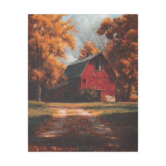 Rustic Barn Landscape Canvas Print,Red Barn Canvas Print,  Autumn Decor, Farmhouse Wall Art, Home and Living, Gift for Nature Lovers