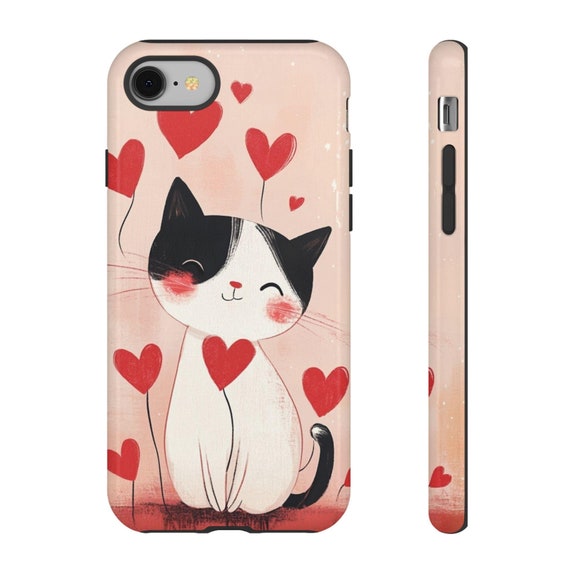 Cat with Hearts Tough Cases, Animal Lover Gift, Protective Phone Cover, Heart Pattern Phone Case, Cute Cat Design, Valentine's Day Gift