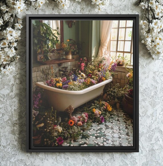 Botanical Bathtub Wall Art, Framed Floral Canvas, Home Decor, Bathroom Art, Gift for Flower Lovers, Nature Decor