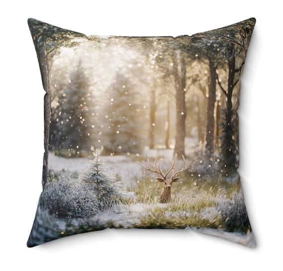 Winter  Scene Deer Square Pillow - Holiday Home Decor, Christmas Throw Pillow, Cabin Accent Cushion, Snowy Woodland Wildlife,Rustic