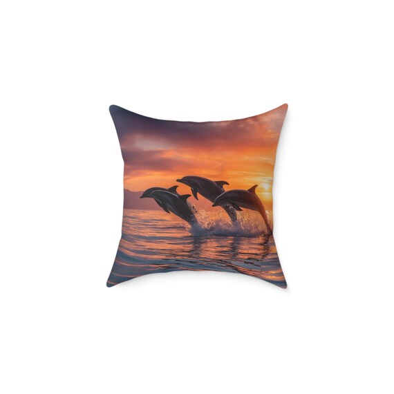 Dolphin Sunset Square Pillow, Nautical Home Decor, Ocean Lover's Gift, Throw Pillow, Beach House Accent, Coastal Decoration