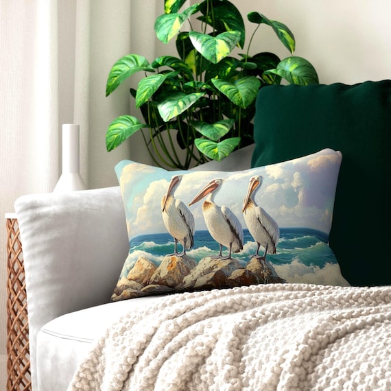 Pelicans by the Ocean Lumbar Pillow, Coastal Decor Cushion, Beach House Throw Pillow, Nautical Home Accent, Summer Pillow Cover