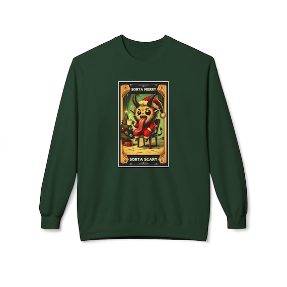 Krampus Tarot Card Tea Time Crewneck Sweatshirt, Christmas Tree Design, Holiday Gift, Alternative Christmas Apparel, Cozy Winter Jumper,