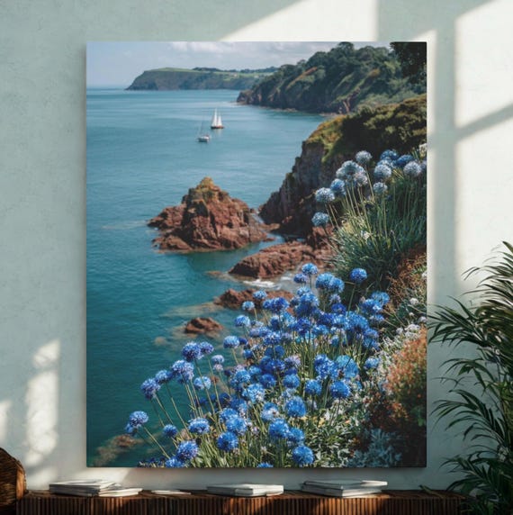 Oceanview Floral Canvas Art Print, Coastal Decor, Nature Wall Art, Blue Floral Artwork, Beach House Decor, Gift for Home
