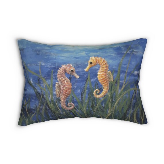 Seahorse Lumbar Pillow, Ocean Beach Decor, Coastal Throw Cushion, Nautical Home Accent, Underwater Animal Art, Sea Life Design