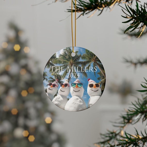 Personalized Family Snowman Ornament,Ceramic Ornament , Christmas Ornament Personalized, Keepsake Ornament, vacation, Florida theme ornament