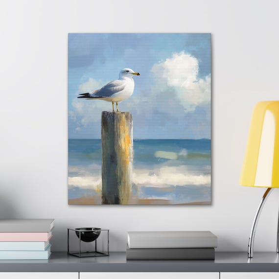 Seagull and Ocean Canvas, Coastal Wall Art, Nautical Decor, Beach House Gift, Ocean View Painting