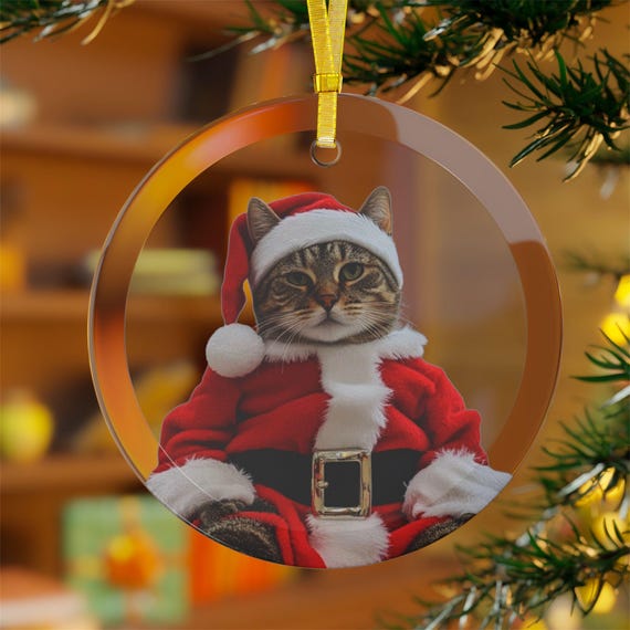Santa Cat Glass Ornaments, Feline Glass Ornament, Cat lover gift, Santa Cat decoration