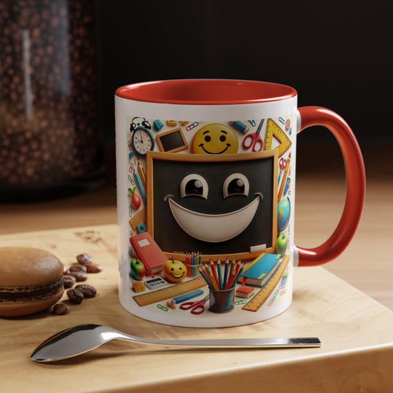 Teachers Coffee Mug - Smiling Chalkboard and Classroom Items - Teacher Gift, School Staff Present, Back to School, End of Year Gift,