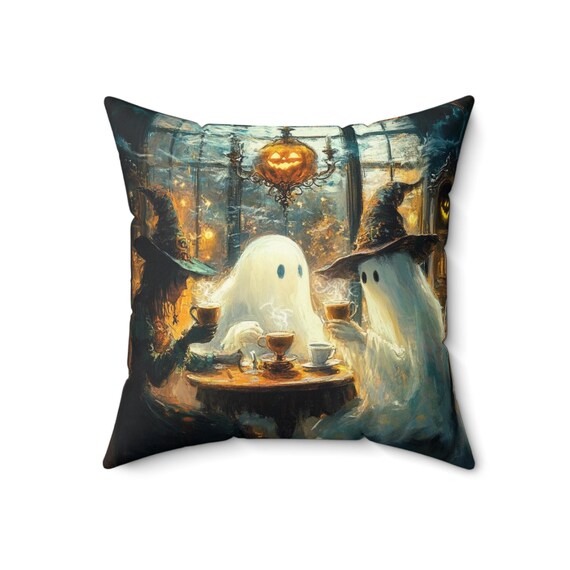 Halloween Tea Party Spun Polyester Square Pillow, Halloween Decor, Halloween Pillows, Witchy Pillows, Spooky Charm, Whimsical Pillow