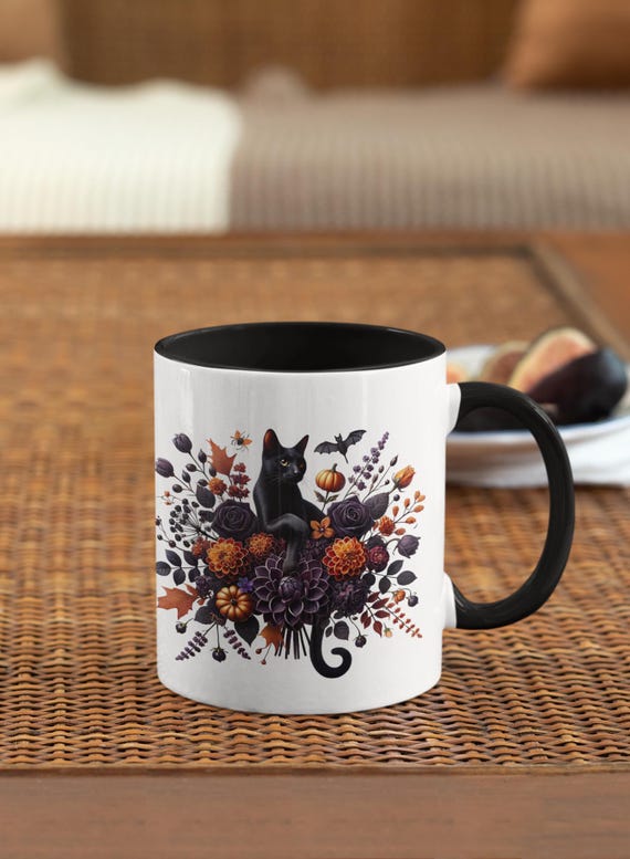 Black Cat Halloween Autumn Flower Mug, Autumn Floral Mug, Cute Fall Kitty Mug, Halloween Cat Mug, Coffee Mugs for Autumn 11oz
