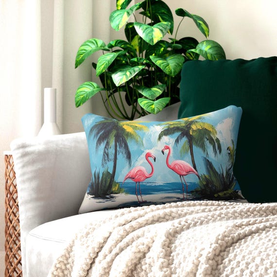 Beach Flamingos Lumbar Pillow, Tropical Decor, Coastal Cushion, Summer Home Accent, Spun Polyester Pillowcase