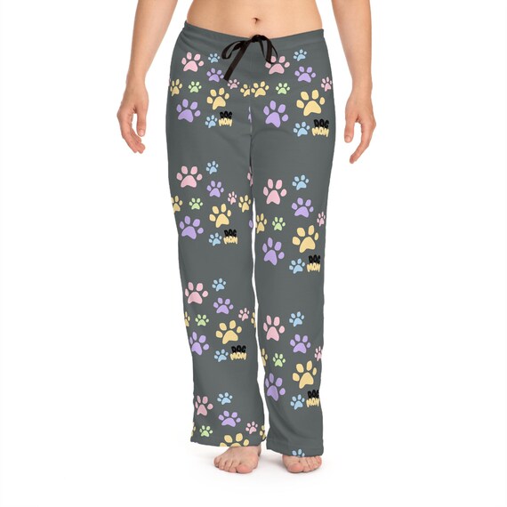 Dog Mom with Pawprints Women's Pajama Pants, Lounge Sleepwear, Dog Lover Gift, Cozy PJ Bottoms, Cute Animal Print Trousers