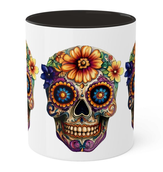 Sugar Skull Mug, Day of the Dead Coffee Cup, Halloween Kitchen Decor, 11oz Tea Mug, Vibrant Fall Colors, Dia de los Muertos Gift