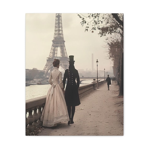 Victorian Couple Walking Near the Eiffel Tower Canvas Print Gallery Wraps