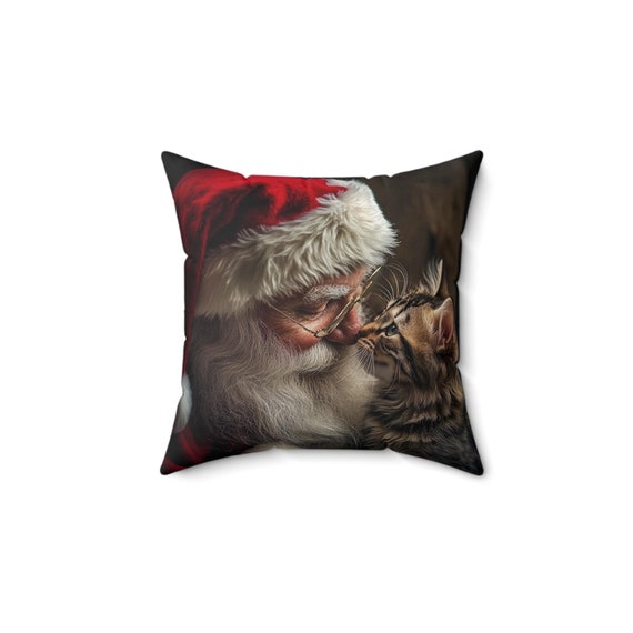 Santa and Cat Spun Polyester Square Pillow, Christmas Home Decor, Holiday Throw Cushion, Cat Lover Gift, Festive Accent Pillow