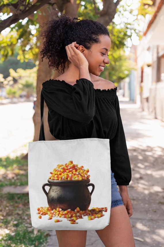 Candy Corn in Cauldron Tote Bag, Halloween Tote Bag with a Candy Corn in Cauldron Design, Tote Bag for Fall, Halloween Candy, Trick or Treat
