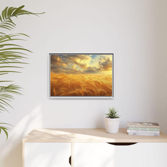 Wheat Field Country Framed Canvas Wheat Field Landscape Art, Matte Wall Decor, Nature Scene, Farmhouse Home Decoration, Rustic Country Print