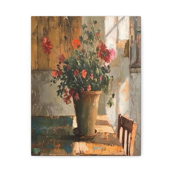 Rustic Flower Pot on farmhouse table canvas , rustic charm, country canvas , flower pot canvas, modern farmhouse style,floral canvas print
