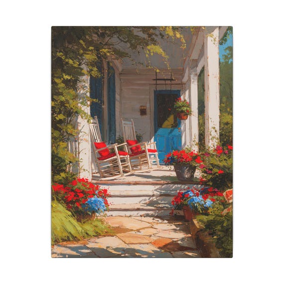 4th of July Inspired Front Porch County, Rustic Canvas Art Print , Porch Wall Art, Red White and Blue Artwork, Living Room Decor