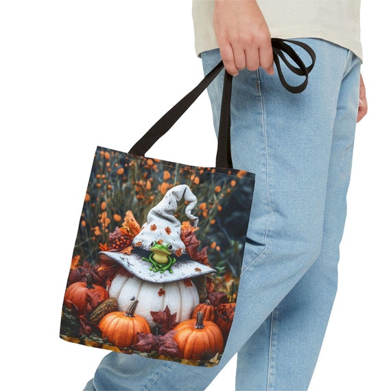 Halloween Tote Bag, Witch Frog Tote, Pumpkin Patch Tote Bag, White Witch Trick or Treat Bag, Fall Tote Bag