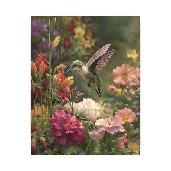 Hummingbird Canvas Art, Vibrant Floral Wall Decor, Nature Lover Gift, Botanical Print, Spring Home Décor, Gift for Mom