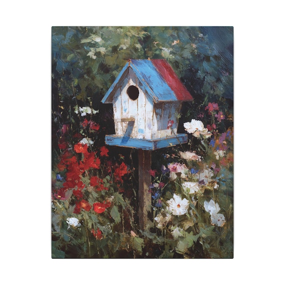 Birdhouse Canvas Art, Flower Garden Art, Birdhouse Wall Art, Nature Lover Gift, Rustic Aesthetic, Cottagecore Vibes